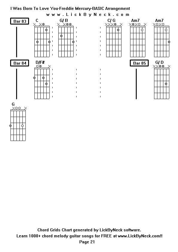 Chord Grids Chart of chord melody fingerstyle guitar song-I Was Born To Love You-Freddie Mercury-BASIC Arrangement,generated by LickByNeck software.